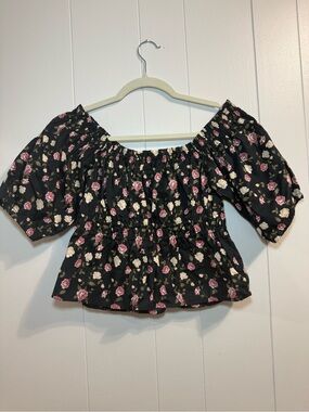 Celebrity Pink Black Off-Shoulder Floral Peasant Top Pink & Cream Roses Size S